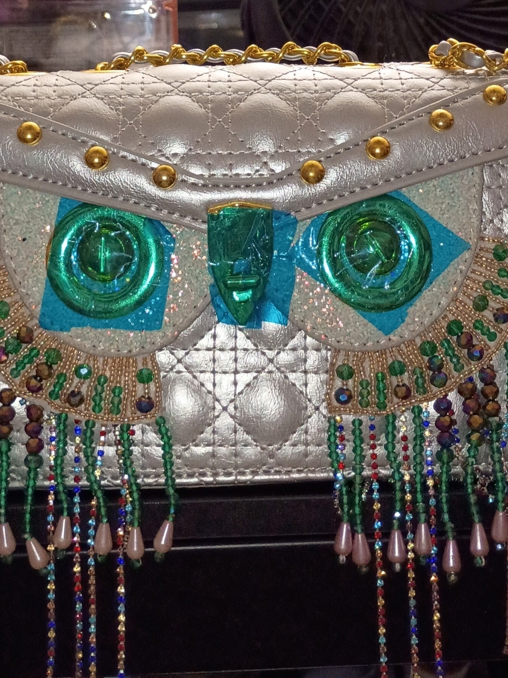 Silver Beaded Owl Clutch Bag with Emerald Accents